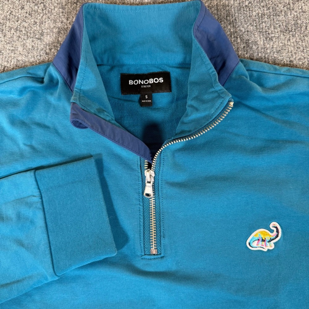 Bonobos Mens Stretch Quarter Zip Pullover Teal Blue Dinosaur Size S #3963